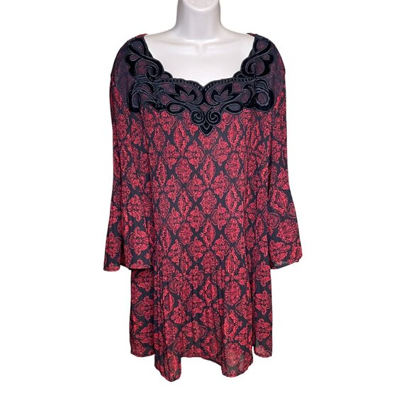 Cathrines Womens Velvet Trim Pleated Black Red Blouse Floral Top Plus Size 4X u - Picture 2 of 12
